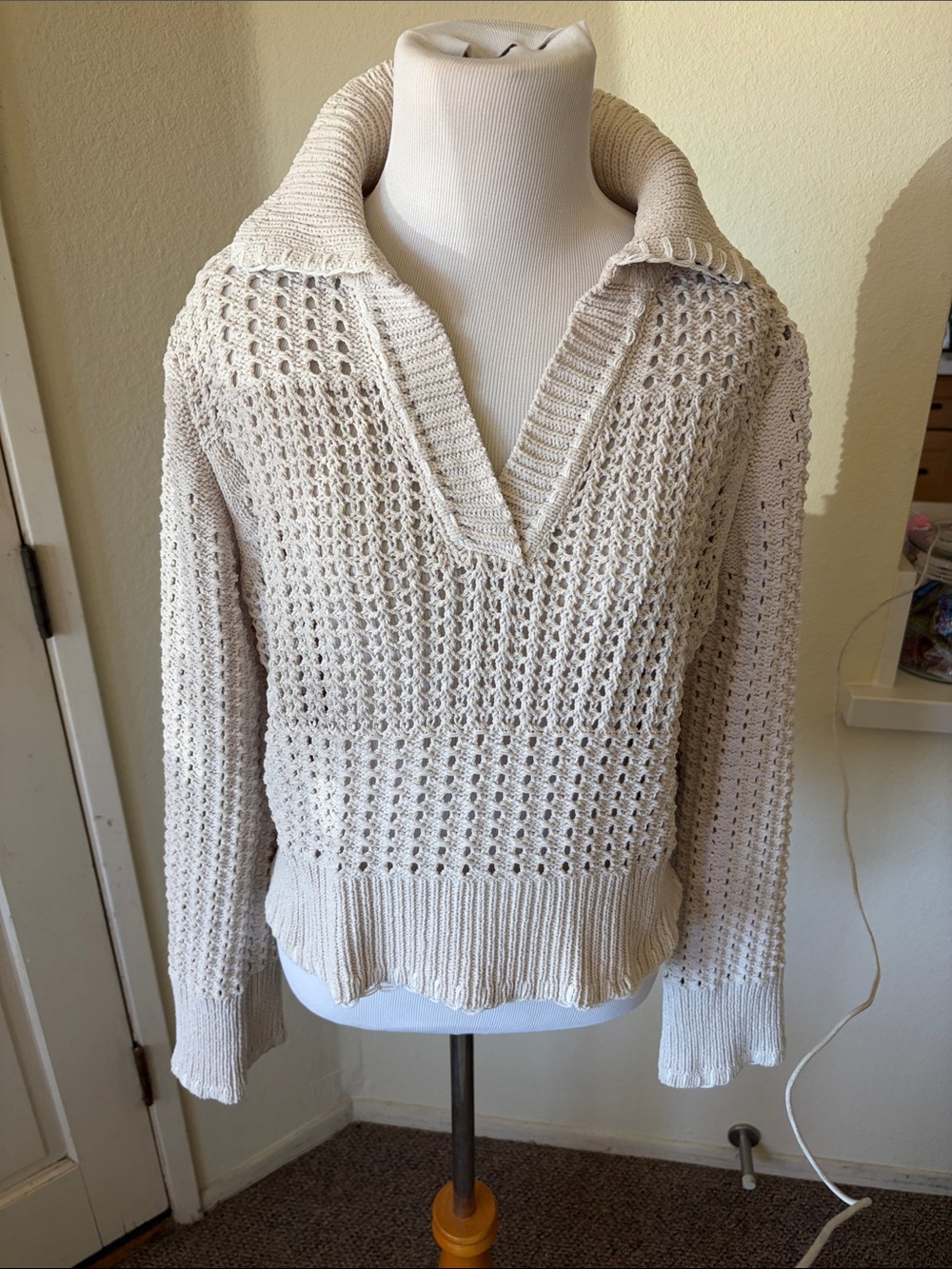 Joie Cream Open-Weave Collar Sweater